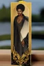 Placeholder: very upper class uber elegant funeral bookmark for an elderly exaggeratedly beautiful Biracial Black woman in shimmering black cardstock, backlit lighting, 24K, very detailed and feminine, calligraphy in golden fonts,