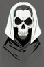 Placeholder: 1950s goofy skull face character wearing a black hooded cloak, drawn in a early animation rubber hose animation style, inside a diamond shape on a black background, monochromatic