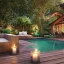 Placeholder: a gorgeous, stunning garden deck with rustic floor, wicker furniture, tranquil pool surrounded by smooth stones, lit candles, plants, cozy, 8k resolution, high-quality, fine-detail, zen-like, cozy, digital art, detailed matte, volumetric lighting, illustration, 3D octane render, brian froud, howard lyon, selina french, annie stokes, lisa parker, greg rutowski