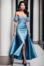 Placeholder: fullbody shot of young-beautiful-ozbek-with-a-perfect-face-with-make-up-wearing-blue-off-shoulder-top and midi plated skirt