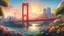 Placeholder: San Francisco Golden Gate Bridge, solar punk city, Dome like buildings, sunrise from the river, nice blue sky, vibrant, greenery, flowers