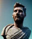 Placeholder: Gran angular, Realistic image, roman sculpture, marble deluxe material, Lionel Messi with Laurel wreath model, miguel angel style, emperador, God light, god rays, 4k resolution, smooth details, ornate details, soft lighting, unreal engine 5, soft cyan background.