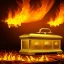 Placeholder: golden sarcophagus on fire in a dungeon