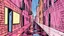 Placeholder: rainy alleyway, Steve Ditko, space, paper, graphic image, smooth motion, violet, carnation pink, rosy brown