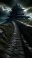 Placeholder: narrow stone path above the ground gradually getting higher into the clouds no railings, dangerous drop people in black leathers medievil period weather is wet spiraling into the clouds fantasy