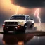 Placeholder: hyperrealistic shot, off-road truck, speeding, earth color palette, sharp focus, puddle reflection, tire water splash, refraction, rain and lightning on the horizon, shadowcast, detailed and intricate, cinematic composition, micro, tilt shift photography