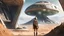 Placeholder: A photorealistic image of a slender 60-year-old woman, in brown shorts, a shirt and boots, with a backpack, standing on a hill looking down on a futuristic derelict sci-fi spaceport with spaceships and alien buildings.