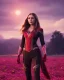 Placeholder: Feiticeira escarlate, Elizabeth Olsen, feiticeira, magia, bonita, cenário em um campo de flores, cinematográfico, dramático, por do sol, campo de flores, cores frias