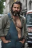 Placeholder: close up photography of an ugly 36 year old chubby robust burly turkish homeless, wearing his work unbuttoned bulging overalls, bulge, shirtless, leaning with his back to his van, arms folded and emotive look, ajar mouth, hairy chest, , very virile, short black beard, shaved hair, sweat, , in a sunny street, photorealistic , frontal view from the ground