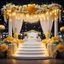 Placeholder: Hyper Realistic Beautiful Traditional Wedding Stage decorated with different Yellow & White flowers & wedding lights at Night