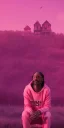 Placeholder: Snoop dogg sitting on a chair. pink houses, pink sky, pink smoke, moon, trees, wide angle