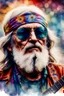 Placeholder: The old hippie, double exposure old hippie's face formed by a band on stage playing a concert, watercolor.
