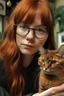 Placeholder: girl with ginger hair in a fringe with glasses and a septum piercing biting a cat