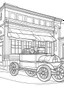 Placeholder: Outline art for coloring page OF A 1943 PULL TOY IN THE UNITED STATES IN FRONT OF A STORE, coloring page, white background, Sketch style, only use outline, clean line art, white background, no shadows, no shading, no color, clear