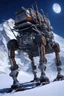 Placeholder: a mechanical walker with eight legs scaling a very steep snow covered side of mout everest at night, it has a smooth surface, it has storage pods on its belly human can fit in the pods