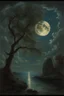 Placeholder: Night, tree leaves, moon, rocks, clouds, creepy gothic movies influence, ernest welvaert and hans am ende impressionism paintings