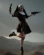 Placeholder: A nun in a short dress jumping with a gun