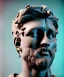 Placeholder: Gran angular, Realistic image, roman sculpture, marble material, Lionel Messi with Laurel wreath model, miguel angel style, emperador, God light, god rays, 4k resolution, perfect details, ornate details, soft lighting, unreal engine 5, soft cyan background.