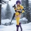 Placeholder: high res cinematic photo by Hajime Yatate: Faye Valentine, clad in her iconic outfit (a yellow short and a yellow latex crop top), stands in the snow of Callisto with furry boots. She points her trusty gun. Amidst the icy winds and swirling snowflakes, Faye's violet hair is an 80s update of the flapper Bob, reflecting the cold beauty of the alien world.