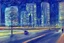 Placeholder: Night, futuristic buildings near trees, highway, people, sci-fi, realistic vision, impressionism painting