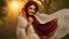 Placeholder: Hyper Realistic 3rd-rule-view of a Beautiful-Young-Happy-Pashto-Woman-with-beautiful-eyes-Smiling with-white-dress-with-maroon-shawl & breeze-whirling in a jungle-with-tall-trees & cloudy-sunset-&-sun-rays showing dramatic & cinematic ambiance