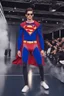 Placeholder: A guy on a fashion runway with Superman invernal clothes style embroidery without cape