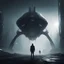 Placeholder: Ground level dark futuristic city scape. mist near the ground. silhouette of one man. he is standing next to a single seater spaceship