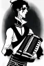 Placeholder: goth male necromancer with black hair playing a accordion in the style of Aubrey Beardsley