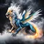 Placeholder: a sturdy colorful winged lion-like asian dragon with curly white fur, smokey breath and fire, claws, spikes along back, a long tail, moving forward out of the smoke and mist, webbed wings, attacking