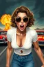 Placeholder: an young woman leaning forward(cropped tightly from between nose and stomach, white top with wide neck opening, cleavage, hands at side of face, with surprised expression, home alone scream, wavy hair, large cheep sunglasses), nuclear explosion and classic Cars in background, greaser, digital painted illustration