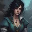 Placeholder: dungeons & dragons; portrait; digital art; female; pretty; scarred; black hair; medium length hair; soft details; soft light; warlock; the fathomless; sailor clothes; colored clothes; water magic; deep sea