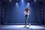Placeholder: modern stage with gray-blue theme artistic decoration , color full dynamic lighting, a beautiful lady in pants and blouse with sport shoes dancing, 3D recursive fractal structure animating background