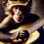 Placeholder: Audobon painting of a monkey playing a guitar, 6 strings, fingers