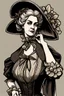 Placeholder: warm but stern aunty victorian era, posh british accent influenced, high born facial features dnd character on a solid black background, full body image, high quality realistic.