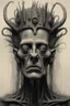 Placeholder: The face of an old men king with a hairy crown, a thin line draw ، front view camera, decayed and rotting with grotesque proportions and imagery. surreal horror, biomechanical design, by hr giger and beksinski , fine lines draw
