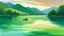 Placeholder: készíts egy festményt Cézanne stílusában az alábbiak szerint: napkelte idején sima felületű zöld vizű tó, rajta a távolban apró csónak, messze lankás hegyek