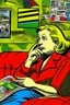 Placeholder: fat woman sitting on sofa READING NEWS PAPER listening to radio watching tv news in a room with signs of propaganda in the style of roy lichtenstein