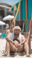 Placeholder: full figure shot photography of a serious ugly burly strong chubby marocan 35 years old, shirtless, sells colored pareos on a crowded beach, sitting on a beach chair, sunligh, photorealistic, 35mm lens, side light, ambient occlusion