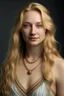 Placeholder: portrait of a 30 year old woman who looks like an elegant, greek goddess; she is beautiful and has long blond hair, friendly, kind and gracious