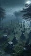 Placeholder: A bird view of a graveyard with full moon and trees with a they are tied to their musical instruments ,surrealism of the dark of a nightmare ten miles high and six foot deep, hyper photorealistic, hyper detailed dark art color, high resolution, fog, octane render, tilt shift, HDRI Environment, all pictures dark gray ghost is hovering over