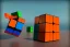 Placeholder: A single, tall Rubik cube skyscraper tower, Orange, white, blue, green