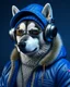 Placeholder: Perro Husky Siberiano with jacket, cap, dark glasses and headphones, ultra quality, hyper realistic, 3k 8D