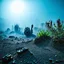 Placeholder: A striking quality Kodak photograph captures a wasteland with monsters and group of plants, creepy, details of the dust very accentuated, glossy organic mass, adorned with minerals and rocks. Bathed in intense light, eerie, Max Ernst style, blue sun, fog