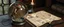 Placeholder: map of labyrinth contained in a glass ball with elemental sigils and symbols on a table beside a book called Riddles of a Forgotten Age with weird illustrations, being read by an imp kobold gremlin druid