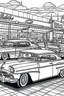 Placeholder: Picture of Retro cars at a diner drive-in with waitresses on roller skates and a neon-lit sign.For coloring in book, thick lines,no background