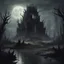 Placeholder: Daedric Ruins dedicated to the Prince of Dreams and Nightmares at night in the swamp nightmares become real, in arcane art style