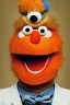 Placeholder: a Film Photograph of an orange Donald Trump Muppet made of felt and fur yelling at everybody