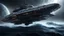 Placeholder: in space, Sci fi starship fly over heavy sea , complex and detailed, lighting effects, dark wet ambience, ,intricate work , iron grey steel ratio, blur dark grey haze