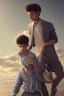 Placeholder: a single 50 year old man embraces a single, beautiful 12 year old arabic boy with long, curly hair and light blue eyes, not muscular, smiling,