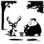 Placeholder: Gary Larson illustration of a quirky deer talking to a fat kid, cartoon cell, black and white